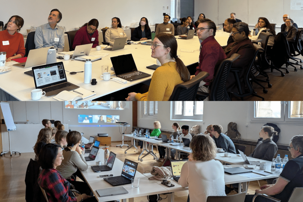 Two images of workshop attendees sitting at a board table.