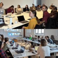 Two images of workshop attendees sitting at a board table.