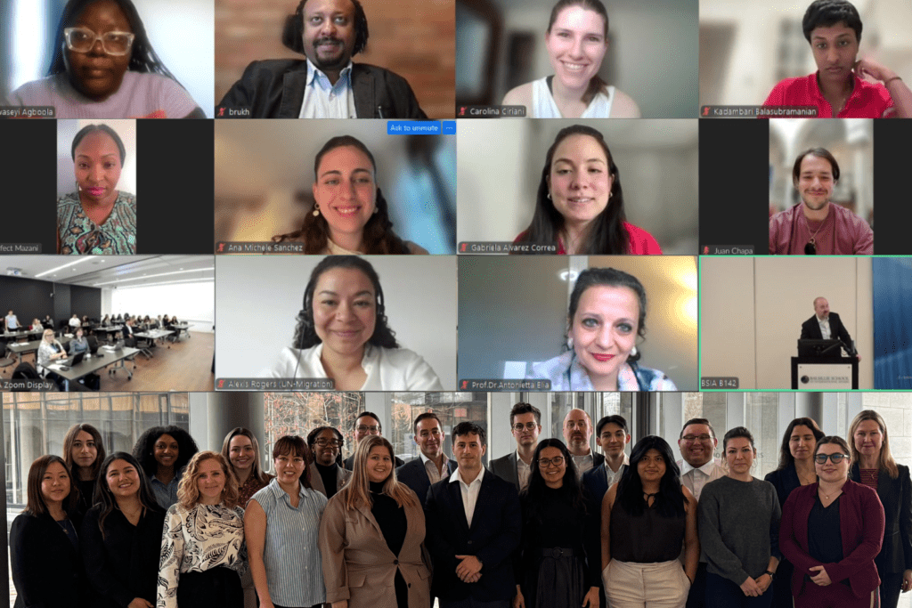 Participants of the Policy Challenge - online in boxes and in person standing in a group